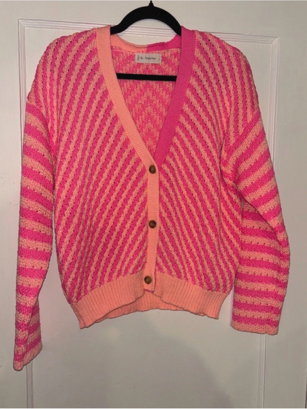 By Together Pink and Peach Striped V-Neck Button Cardigan